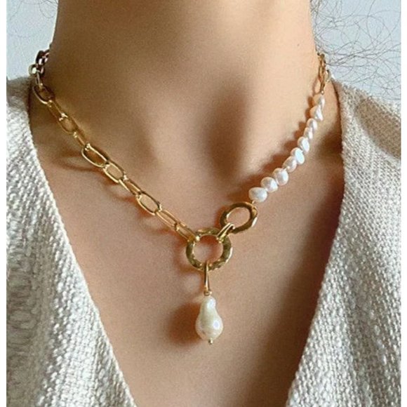 New 18K Gold Plated  Natural  Pearl Circle Link Chain Pendant Choker Necklace - Picture 8 of 14